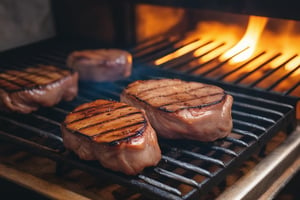 Please generate a picture of grilled pork steak, , homemade , night time, Instagram quality, home atmosphere, close-up, natural,