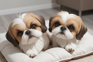 Pairs of mini shih tzu male and female playing double coated white and brown on best pet beds that look like furniture close up.