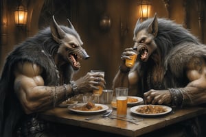 Evil werewolf drinking beer in restaurant (((Luis Royo style illustration, detailed background, dark fantasy setting, color pencil drawing))),more detail XL