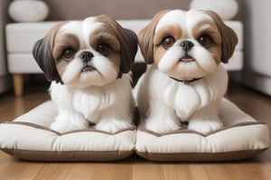 Pairs of Shih Tzu, male and female, playing, double coated, white and brown, on the best pet beds that look like furniture, close up.