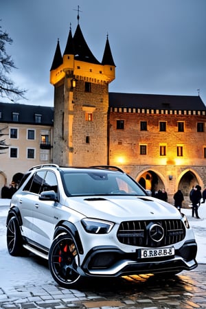 (1 car, 2024 Brabus AMG GLE 63 900 Rocket, FEDYA written on the noera, customized and improved by Brabus tuning company), Brabus AMG GLE 63 900 Rocket, parked against the background of a medieval castle, snowy, night time, (best quality, realistic, photography, highly detailed, 8K, HDR, photorealism, naturalistic, realistic, raw photo), H effect, dragon_h, itacstl