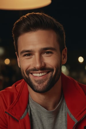 Close up photo of a smiling handsome man Name Chris wearing a red jacket and t-shirt in the coffee shop at night high details 4K