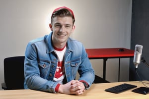 A young 22 year old handsome man smiling name Chris wearing a jean jacket and red t-shirt, sitting in a studio room, looking in the camera, computer desk, microphone, light at back, table in front, laptop on table, full frame, full desk and body, high details 4k 