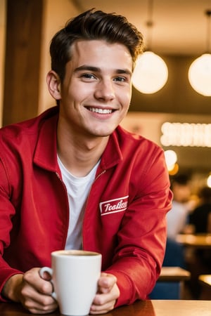 Close up photo of a smiling young 22 year old handsome man Name Chris wearing a light red jacket and t-shirt in the coffee shop at night high details 4K