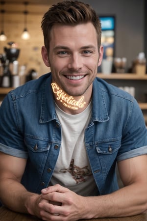 Close up photo of a smiling handsome man Name Chris wearing a jean jacket and t-shirt in the coffee shop at night high details 4K