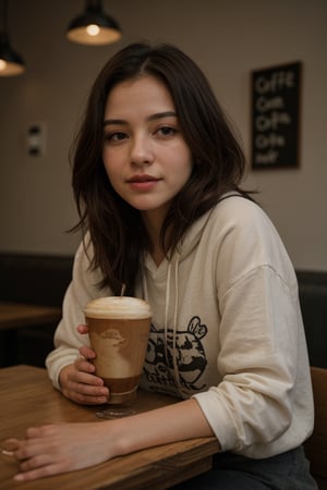 (best quality, masterpiece, ultra detailed, 8K, RAW photo), a beautiful young woman having a drink in a coffee shop, dish of cakes on the table,(cute coffee shop:1.5),menu on the wall,,oversize hoodies