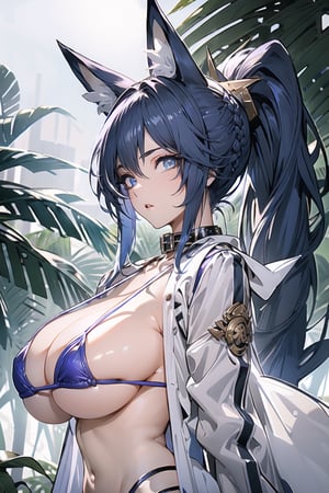 (huge breast:1), looking at viewer, (masterpiece:1.2), best quality, high resolution, unity 8k wallpaper, (illustration:0.8), (beautiful detailed eyes:1.6),  extremely detailed face, perfect lighting, extremely detailed CG, (perfect hands, perfect anatomy), medium_breasts, cleavage,midjourney, (((sideboobs))), (((full_body))), body, upper body, outdoors, highheels, musashi-v3-nai-9ep-resize, animal_ears, fox_ears, purple_hair, long hair, purple eyes, WHITE JACKET, WHITE GLOVES, STRING MICRO BIKINI, SIDELOCKS, SEE-THROUGH, PONYTAIL, COLLAR, OPEN JACKET, LONG SLEEVES, LONG HAIR, HEADGEAR, BRAID, PURPLE BIKINI, HEAD ACCESSORY,