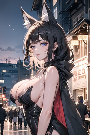 (huge breast:1), looking at viewer, (masterpiece:1.2), best quality, high resolution, unity 8k wallpaper, (illustration:0.8), (beautiful detailed eyes:1.6),  extremely detailed face, perfect lighting, extremely detailed CG, (perfect hands, perfect anatomy), medium_breasts, cleavage,midjourney, (((sideboobs))), (((full_body))), body, upper body, outdoors, highheels, musashi-v3-nai-9ep-resize, animal_ears, fox_ears, purple_hair, long hair, purple eyes, black strapless dress, cloak, black pantyhose