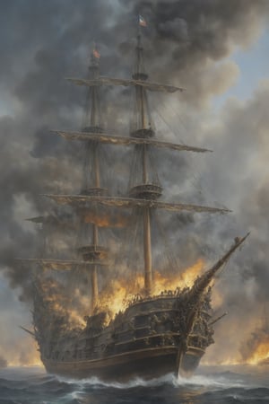 Oil of an epic naval battle between a pirate ship and a Spanish galleon, smoke, fire, art by AUGUSTO FERRER-DALMAU, cannons firing ,more detail XL