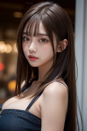 young looking very fat lady has huge chest,Ｅcup.long hair around sholder layer cut.
her eyes are hazel deep brown.
her hair bang is thin and short .