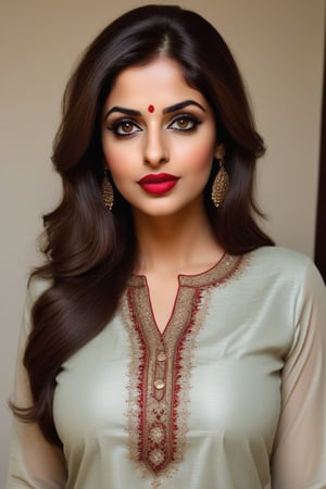 An asian girl like Pakistanis or Arabs, in early 20 age. wearing kurta standing tall straight. Big brown eyes with long lashes. full lips with red lipstick, chest size 34", waist 26" and hips 36"
