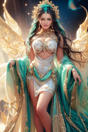 high quality, 8K Ultra HD, In this extraordinary full-body digital illustration, envision the enchanting presence of a captivating woman with ethereal features. Her elegant allure takes center stage, accentuated by flowing golden locks and mesmerizing cyan eyes, creating an otherworldly charm that captivates the observer, However, in this arrangement, her gaze holds a subtle hint of intrigue, inviting viewers to delve into the mystery that surrounds her, As a masterful touch, consider adding a celestial glow to her entire being, emanating softly from the stars above and reflecting in her eyes, by yukisakura, awesome full color,