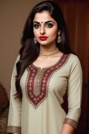 An asian girl like Pakistanis or Arabs, in early 20 age. wearing kurta standing tall straight. Big brown eyes with long lashes. full lips with red lipstick, chest size 34", waist 26" and hips 36"