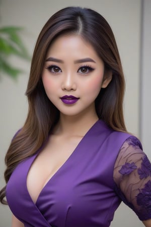 An asian girl in early 20 age. wearing college dress of Hailay college. Big brown eyes with long lashes. full lips with purple lipstick, chest size 34, waist 26 and hips 36, full body