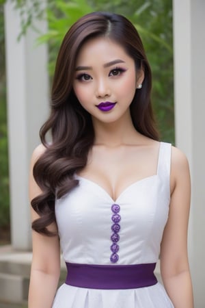 An asian girl in early 20 age. wearing college dress of Hailay college. Big brown eyes with long lashes. full lips with purple lipstick, chest size 34, waist 26 and hips 36, full body