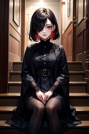 (masterpiece), best quality, a girl dressed in black has vintage hair and red eyes, she is wearing Russian clothes, she is sitting on the stairs, hair over her eyes, hair over one eye