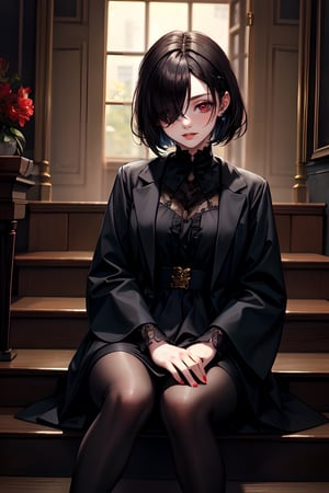 (masterpiece), best quality, a girl dressed in black has vintage hair and red eyes, she is wearing Russian clothes, she is sitting on the stairs, hair over her eyes, hair over one eye