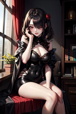 (masterpiece), best quality, a girl dressed in black has vintage hair and red eyes, she is wearing Russian clothes, she is sitting on a ladder, hair over her eyes, hair over one eye