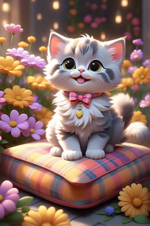 Cute cartoon, beautiful kitten (Scotish Fold) sitting on a monochrome cushion, smiling with a bow around its neck, surrounded by colorful flowers. Pixar style, 12K, bright and vivid colors, defined edges, high quality, HD, octane rendering, cinematic lighting, 2.5d cgi anime fantasy art, realistic drawing, cartoon painting, award-winning rendering, an image generated by AI.