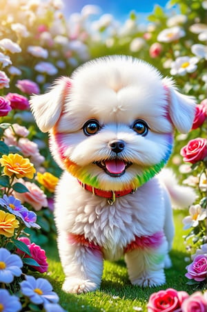 Chibi of a cute and picturesque little dog [Bichon Frizé] with happy and cute appearance, in the center of a garden of colorful flowers and roses. Macro photography by Miki Asai, close-up, blue sky, rainbow, super detailed, trending on artstation, sharp focus 1.5, studio photography, intricate details, high detail, Greg Rutkowski 9k