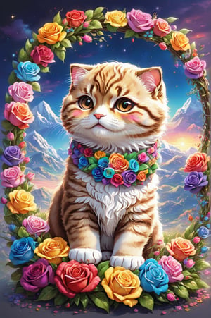 (masterpiece, best quality, ultra-detailed, 8K), high detail, realistic detail, chiby caricature of a charming and happy kitten [Scottish Fold], in the dark, wreath of colorful roses, brown eyes, eye contact, short skin and soft, kind smile, details of colorful flowers, a serene and contemplative rainbow in the sky, daytime sky background, chibi.