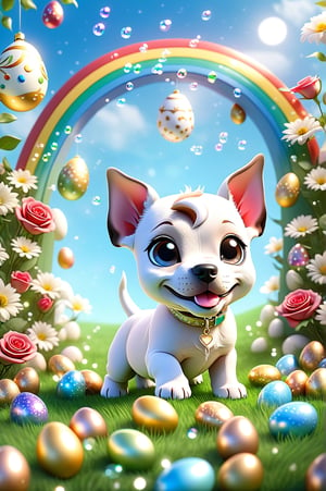 Charming and happy little puppy [American Staffordshire Terrier] Chibi, nestled among roses, framed by a lush green lawn dotted with Easter eggs, against a backdrop of blue sky and rainbow arches with floating soap bubbles, in a pose on all fours, Photographed by Miki Asai with macro lens precision, trending on ArtStation with Greg Rutkowski's detailed fantasy style in 9k resolution, sharp F 1.5 focus aperture, intricate details, studio photography setting, ultra high,chibi