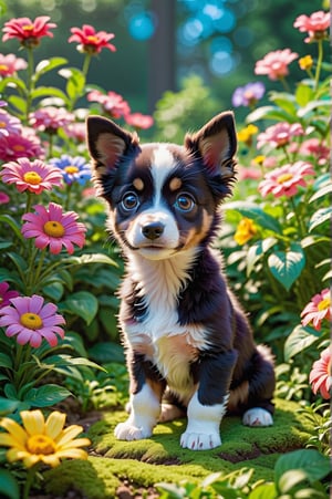 Super cute, baby, Pixar, super tiny cute puppy, Border Collie, in super cute pose, big bright eyes, cuddly, smile, delicate and thin, fairy tale, incredibly high details, Pixar style, color palette bright, natural light. In the background, a flower garden with small and colorful flowers, bright and vivid colors, dominant colors pink and blue, Octane rendering, trending on Artstation, beautiful, ultra wide angle, 8k, HD