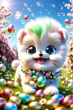 Charming and happy little puppy [Bichon Frizé] Chibi, nestled among roses, framed by a lush green lawn dotted with Easter eggs, against a backdrop of blue skies and rainbows, with floating soap bubbles, in a pose on all fours, photographed by Miki Asai with Macro Lens Precision, Trending on ArtStation with Greg Rutkowski's Detailed Fantasy Style in 9k Resolution, Sharp F 1.5 Focus Aperture, Intricate Details, Studio Photography Setting, Ultra High