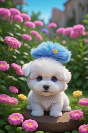 Super cute, baby, Pixar, super tiny cute puppy, Bichon Frise, in super cute pose, big bright eyes, cuddly, smile, delicate and thin, fairy tale, incredibly high details, Pixar style, color palette bright, natural light. In the background, a flower garden with small and colorful flowers, bright and vivid colors, dominant colors pink and blue, Octane rendering, trending on Artstation, beautiful, ultra wide angle, 8k, HD,<lora:659095807385103906:1.0>