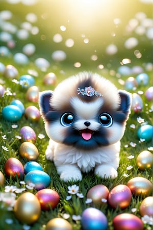 Cute and happy chibi puppy [Bichon Frizé], roses, gifts, golden seeds, in the center of a lawn with easter eggs, blue sky, macro photography by Miki Asai, close-up, rainbow, bubbles soap, super detailed, artstation trend, sharp focus 1.5, studio photography, complex details, high detail, Greg Rutkowski 9k