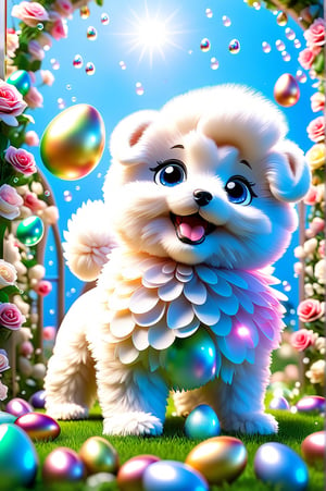 Charming and happy little puppy [Bichon Frizé] Chibi, nestled among roses, framed by a lush green lawn dotted with Easter eggs, against a backdrop of blue sky and rainbow arches with floating soap bubbles, in a pose on all fours, Photographed by Miki Asai with macro lens precision, trending on ArtStation with Greg Rutkowski's detailed fantasy style in 9k resolution, sharp F 1.5 focus aperture, intricate details, studio photography setting, ultra high