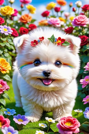 Chibi of a cute and picturesque little dog [Bichon Frizé] with happy and cute appearance, in the center of a garden of colorful flowers and roses. Macro photography by Miki Asai, close-up, blue sky, rainbow, super detailed, trending on artstation, sharp focus 1.5, studio photography, intricate details, high detail, Greg Rutkowski 9k