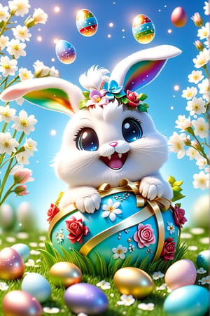 Chibi of a cute and picturesque bunny with a super cute smile, roses, gifts, golden seeds, in the center of a lawn with easter eggs, blue sky, macro photography by Miki Asai, close-up, rainbow, soap bubbles , magic amulet, super detailed, trending on artstation, sharp focus 1.5, studio photography, intricate details, high detail, Greg Rutkowski 9k