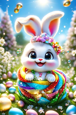 Chibi of a cute and picturesque bunny with a super cute smile, roses, gifts, golden seeds, in the center of a lawn with easter eggs, blue sky, macro photography by Miki Asai, close-up, rainbow, soap bubbles , magic amulet, super detailed, trending on artstation, sharp focus 1.5, studio photography, intricate details, high detail, Greg Rutkowski 9k