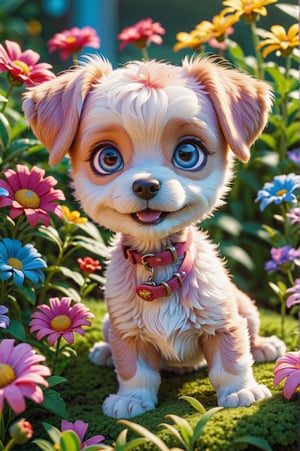 Super cute, baby, Pixar, super tiny cute puppy, Brittany, in super cute pose, big bright eyes, cuddly, smile, delicate and thin, fairy tale, incredibly high details, Pixar style, color palette bright, natural light. In the background, a flower garden with small and colorful flowers, bright and vivid colors, dominant colors pink and blue, Octane rendering, trending on Artstation, beautiful, ultra wide angle, 8k, HD