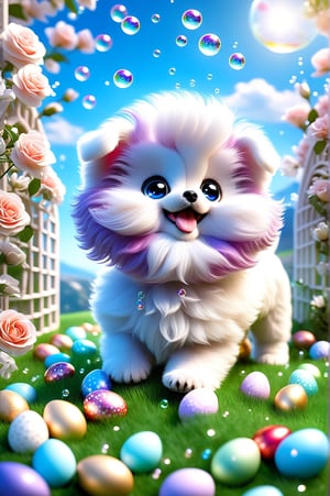 Charming and happy Chibi little puppy [Bichon Frizé] ,nestled among roses, framed by a lush green lawn dotted with Easter eggs, against a backdrop of blue sky and arch -irises, with floating soap bubbles, posed on all fours, photographed by Miki Asai with macro lens precision, trending on ArtStation with Greg Rutkowski's detailed fantasy style in 9k resolution, sharp F 1.5 focus aperture, details Intricate, studio photography setup, ultra high