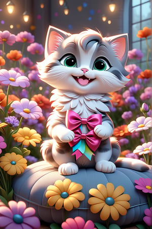 Cute cartoon, beautiful kitten (Scotish Fold) sitting on a monochrome cushion, smiling with a bow around its neck, surrounded by colorful flowers. Pixar style, 12K, bright and vivid colors, defined edges, high quality, HD, octane rendering, cinematic lighting, 2.5d cgi anime fantasy art, realistic drawing, cartoon painting, award-winning rendering, an image generated by AI.