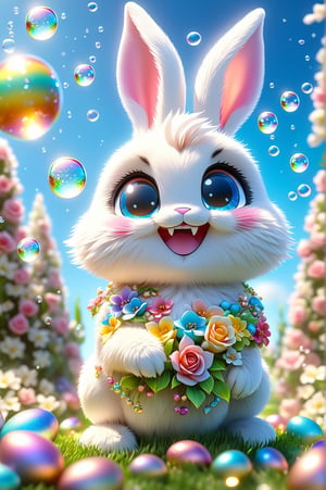 Chibi bunny, smile radiating cuteness, surrounded by roses, gifts, golden seeds, Easter eggs dotting the lawn, clear blue sky overhead, Miki Asai's signature macro photography style, close-up capturing rainbow reflections on soap bubbles, magic amulet glistening, trending on ArtStation, sharp focus at 1.5, studio setting, with Greg Rutkowski's intricate detailing in a 9k resolution image, vibrant, vivid colors, high detail, ultra-realistic