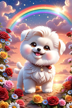 (masterpiece, best quality, ultra-detailed, 8K), high detail, realisitc detailed, Charming and happy little puppy [Bichon Frise] Chibi, in the dark, colorful roses wreath, brown eyes, eye contact, short and soft skin, kind smile, details of colorful flowers, a serene and contemplative rainbow in the sky, day sky background, chibi,chibi