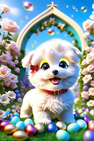 Charming and happy Chibi little puppy [Bichon Frizé] ,nestled among roses, framed by a lush green lawn dotted with Easter eggs, against a backdrop of blue sky and arch -irises, with floating soap bubbles, posed on all fours, photographed by Miki Asai with macro lens precision, trending on ArtStation with Greg Rutkowski's detailed fantasy style in 9k resolution, sharp F 1.5 focus aperture, details Intricate, studio photography setup, ultra high