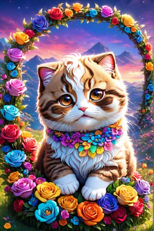 (masterpiece, best quality, ultra-detailed, 8K), high detail, realisitc detailed, Charming and happy little kitten [Scottish Fold] Chibi, in the dark, colorful roses wreath, brown eyes, eye contact, short and soft skin, kind smile, details of colorful flowers, a serene and contemplative rainbow in the sky, day sky background, chibi.