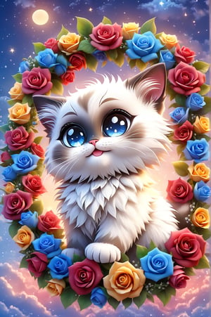 (masterpiece, best quality, ultra-detailed, sharp edges, 8K), vivid Colors, high detail, realisitc detailed. Charming and happy little kitten [Siamese] Chibi, in the dark, colorful roses wreath, eye contact, short and soft skin, kind smile, details of colorful flowers, a serene and contemplative rainbow in the sky, day sky background, chibi.