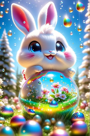 Chibi bunny, smile radiating cuteness, surrounded by roses, gifts, golden seeds, Easter eggs dotting the lawn, clear blue sky overhead, Miki Asai's signature macro photography style, close-up capturing rainbow reflections on soap bubbles, magic amulet glistening, trending on ArtStation, sharp focus at 1.5, studio setting, with Greg Rutkowski's intricate detailing in a 9k resolution image, vibrant, vivid colors, high detail, ultra-realistic