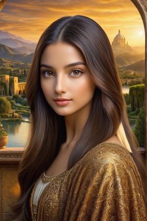 Award-winning photography. A photo with background scenery and a woman, both real and similar to the scenery and photo of Mona Lisa. Detailed skin, skin pores, magical fantasy, long hair, intricate, sharp focus, highly detailed, 3D, brown eyes, Mona Lisa