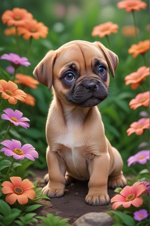 Super cute, baby, Pixar, super tiny cute puppy, Boerboel, in super cute pose, big bright eyes, cuddly, smile, delicate and thin, fairy tale, incredibly high details, Pixar style, color palette bright, natural light. In the background, a flower garden with small and colorful flowers, bright and vivid colors, dominant colors pink and blue, Octane rendering, trending on Artstation, beautiful, ultra wide angle, 8k, HD,,<lora:659095807385103906:1.0>