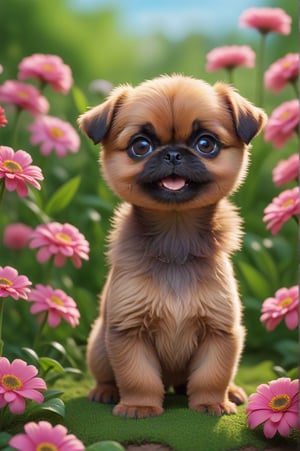 Super cute, baby, Pixar, super tiny cute puppy, Brussels Griffon, in super cute pose, big bright eyes, cuddly, smile, delicate and thin, fairy tale, incredibly high details, Pixar style, color palette bright, natural light. In the background, a flower garden with small and colorful flowers, bright and vivid colors, dominant colors pink and blue, Octane rendering, trending on Artstation, beautiful, ultra wide angle, 8k, HD,,<lora:659095807385103906:1.0>