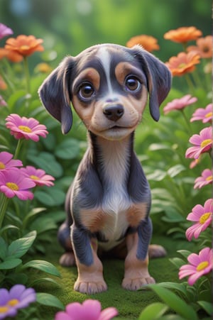 Super cute, baby, Pixar, super tiny cute puppy, Bluetick Coonhound, in super cute pose, big bright eyes, cuddly, smile, delicate and thin, fairy tale, incredibly high details, Pixar style, color palette bright, natural light. In the background, a flower garden with small and colorful flowers, bright and vivid colors, dominant colors pink and blue, Octane rendering, trending on Artstation, beautiful, ultra wide angle, 8k, HD.,<lora:659095807385103906:1.0>