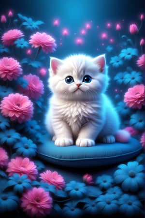 beautiful kitten (Scotish Fold) on a monochromatic cushion with a bow, surrounded by colorful flowers. Super cute digital illustration, probably created on a graphics tablet and illustration software, from the contemporary era, using a vibrant palette with a predominance of blues, whites and pinks. Dark background to contrast the glow effect.,<lora:659095807385103906:1.0>