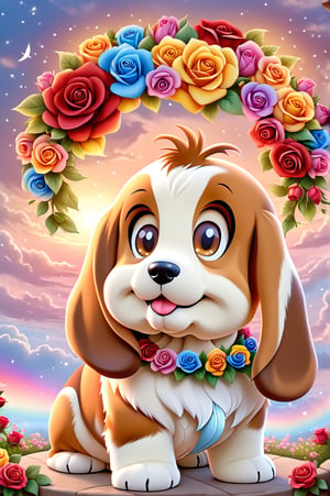 (masterpiece, best quality, ultra-detailed, 8K), high detail, realistic detail, chiby caricature of a charming and happy puppy [Basset Hound], in the dark, wreath of colorful roses, brown eyes, eye contact, short skin and soft, kind smile, details of colorful flowers, a serene and contemplative rainbow in the sky, daytime sky background, chibi.