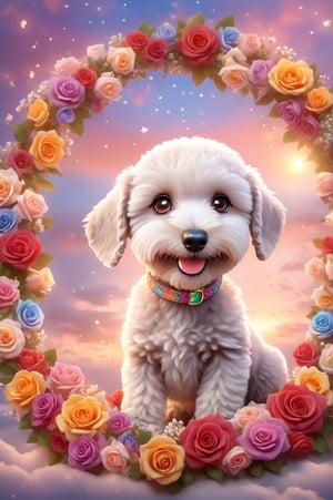 (masterpiece, best quality, ultra-detailed, 8K), high detail, realisitc detailed, Charming and happy little puppy [Bedlington Terrier] Chibi, in the dark, colorful roses wreath, brown eyes, eye contact, short and soft skin, kind smile, details of colorful flowers, a serene and contemplative rainbow in the sky, day sky background, chibi,chibi